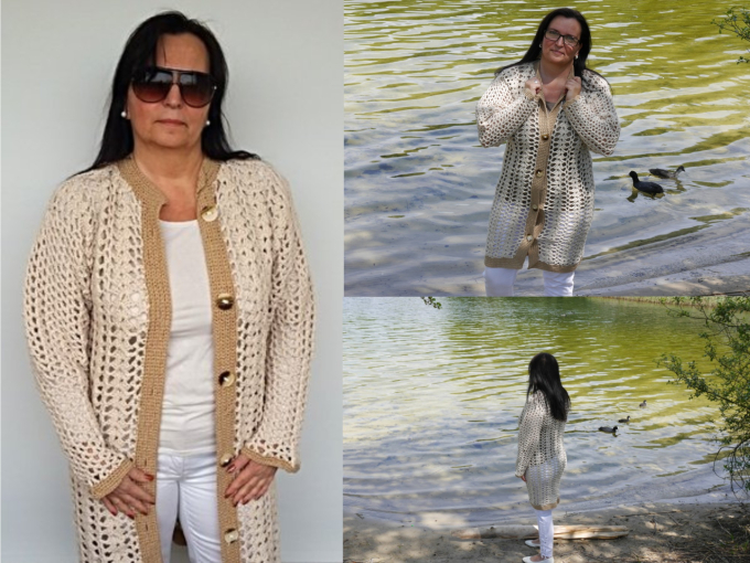 Gehäkelte Jacke „Florenz“ im Raglan-von-oben-Stil – Vorderansicht, locker fallend, getragen